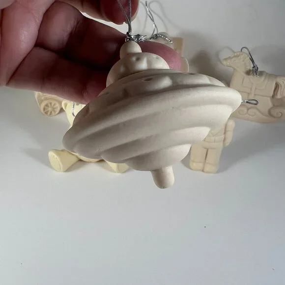 Set Of 6 Unpainted Ceramic Christmas Ornaments With Silver String Hangers - Picture 3 of 10